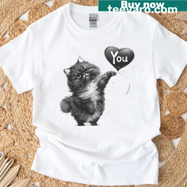 Cute illustration of a fluffy cat holding a love balloon