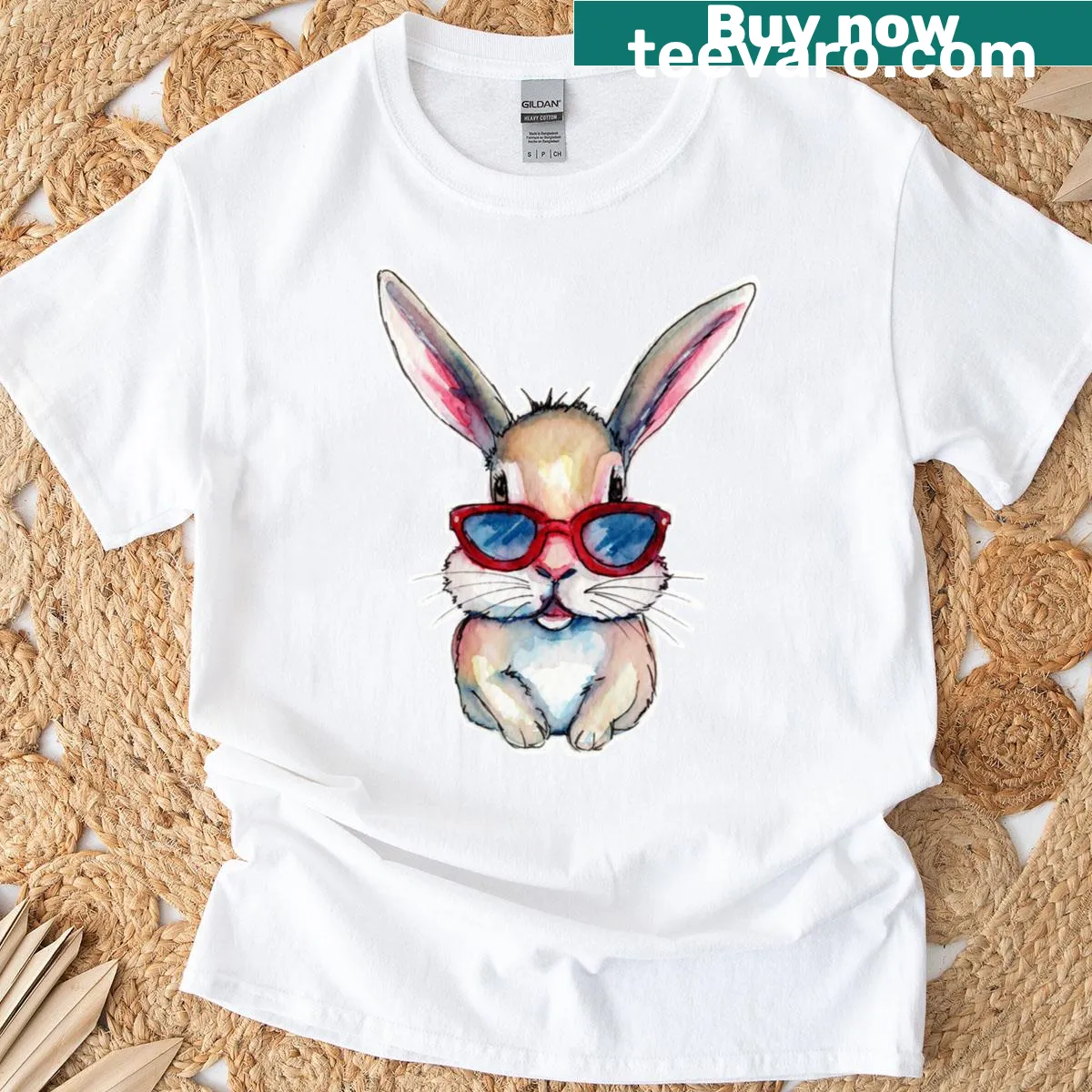 Watercolor illustration of a bunny in sunglasses for Easter — on a men's t-shirt