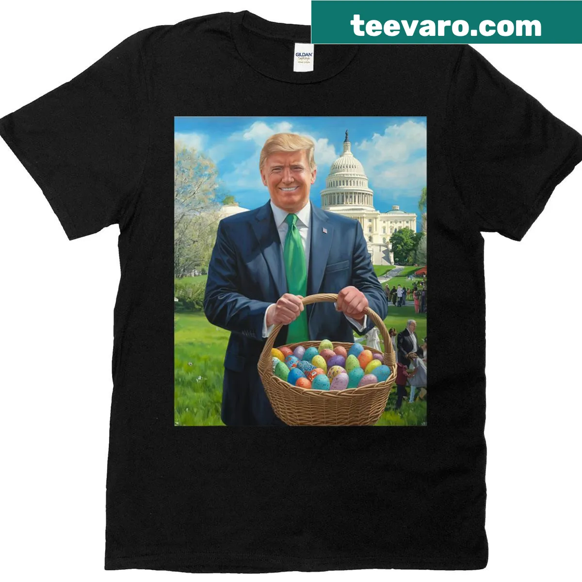 Humorous Easter T-shirt with political graphics — on a men's t-shirt