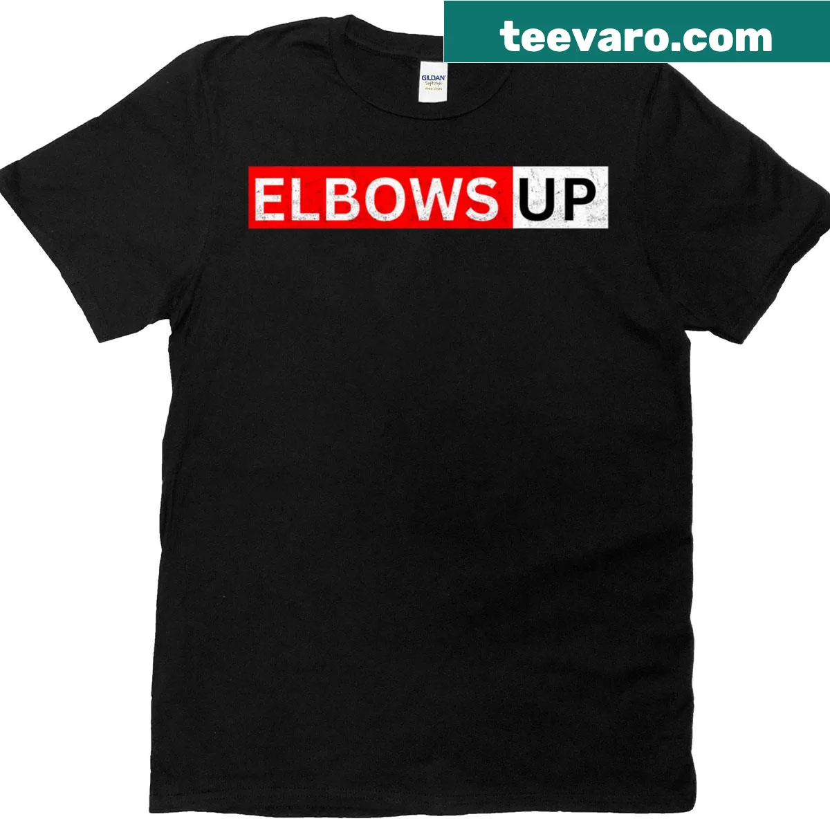 Retro style t-shirt featuring Canadian flag and Elbows Up graphic — on a men's t-shirt