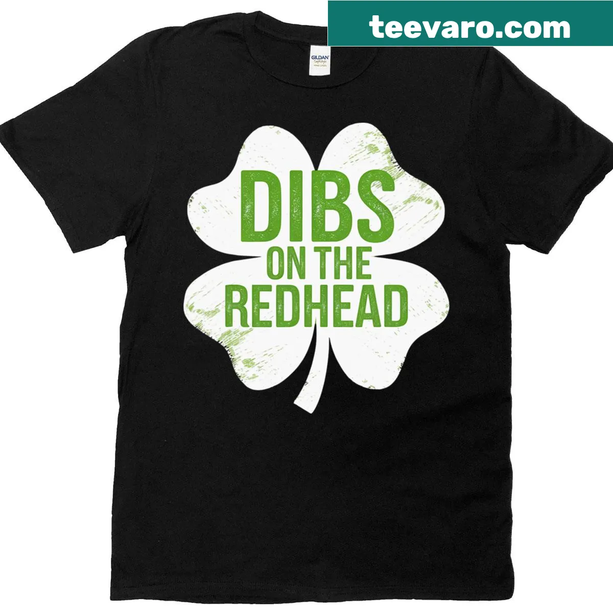 Shirt with shamrock and text Dibs On The Redhead for St. Patrick's Day — on a men's t-shirt