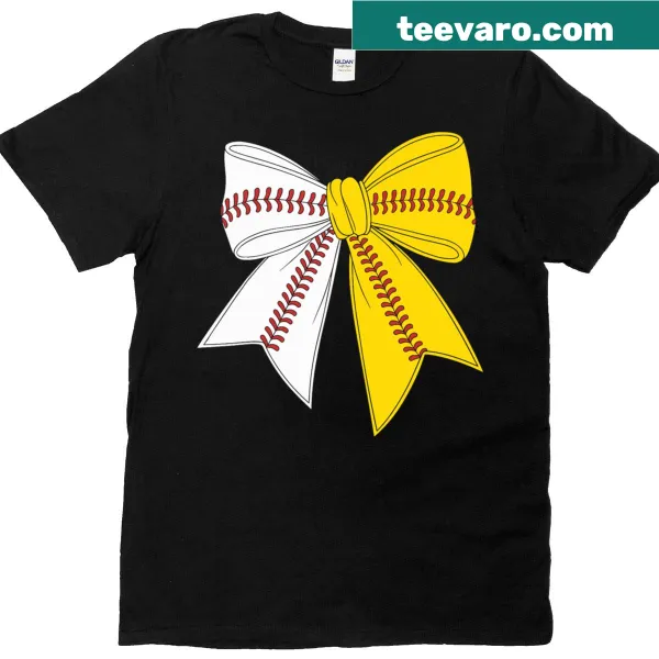 Cute t-shirt for moms featuring baseball and softball themes with a bow graphic.