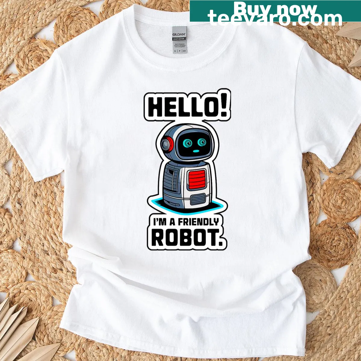 Cartoon friendly robot graphic t-shirt — on a men's t-shirt