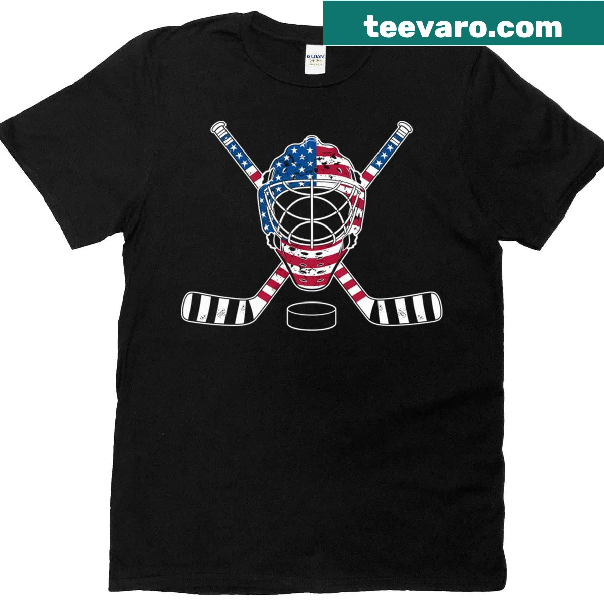 Distressed t-shirt featuring a goalie mask with the USA flag design — on a men's t-shirt