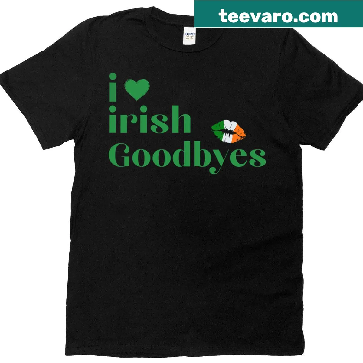 T-shirt featuring 'I Love Irish Goodbyes' text with heart for St. Patrick's Day. — on a men's t-shirt