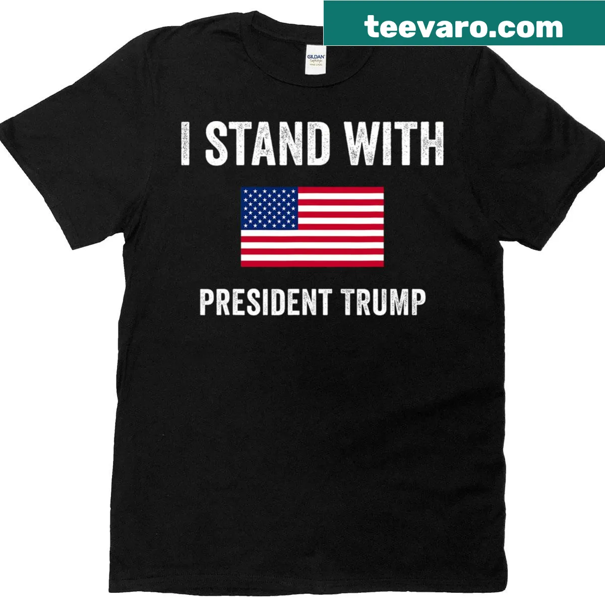 T-shirt with I Stand With President Trump text and USA flag — on a men's t-shirt