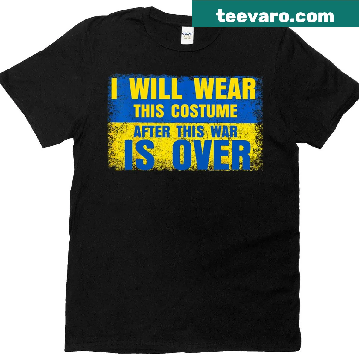 T-shirt with the phrase about wearing a costume after the war and Ukrainian flag — on a men's t-shirt