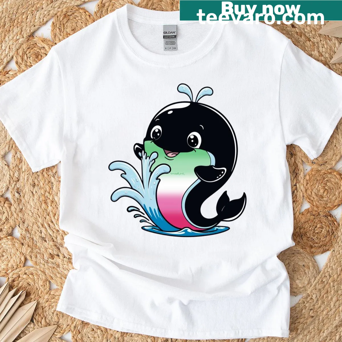 Kawaii whale design celebrating abrosexual pride — on a men's t-shirt