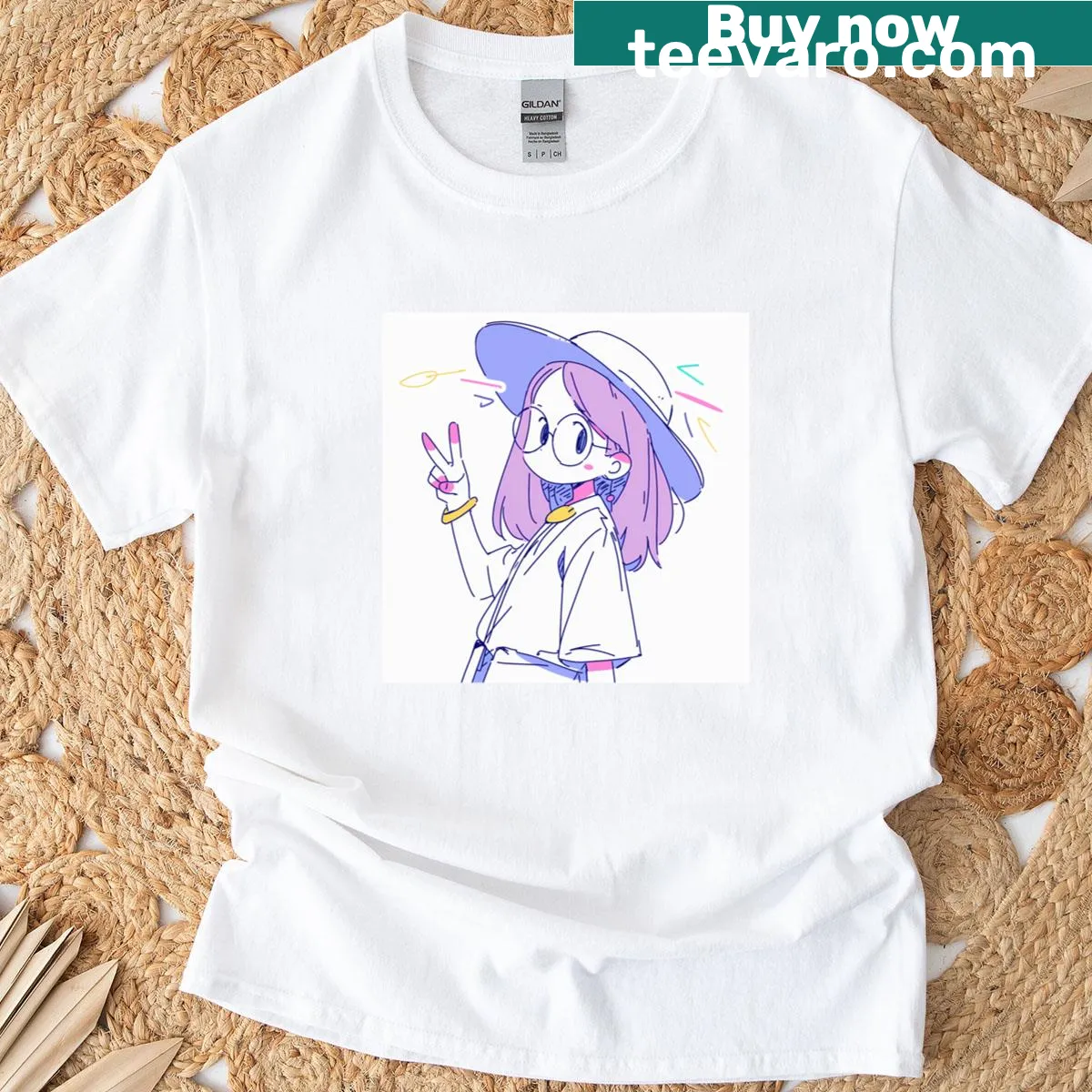 T-shirt with cute illustration of girl making a peace sign in kawaii style — on a men's t-shirt