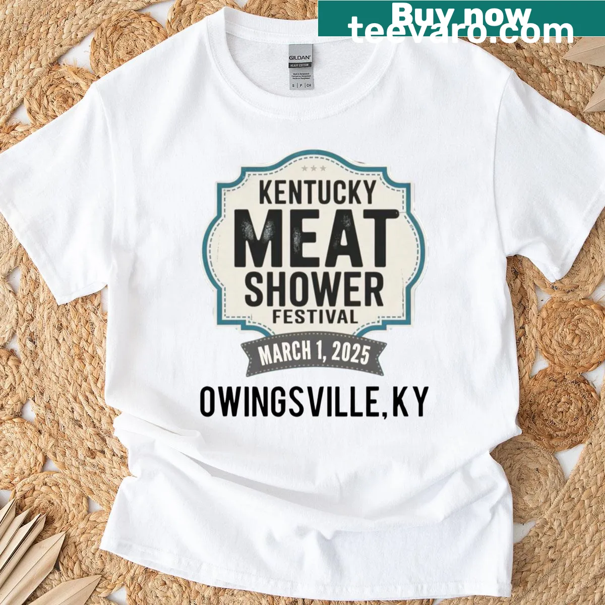 T-shirt featuring Ky Meat Shower Fest main logo design — on a men's t-shirt