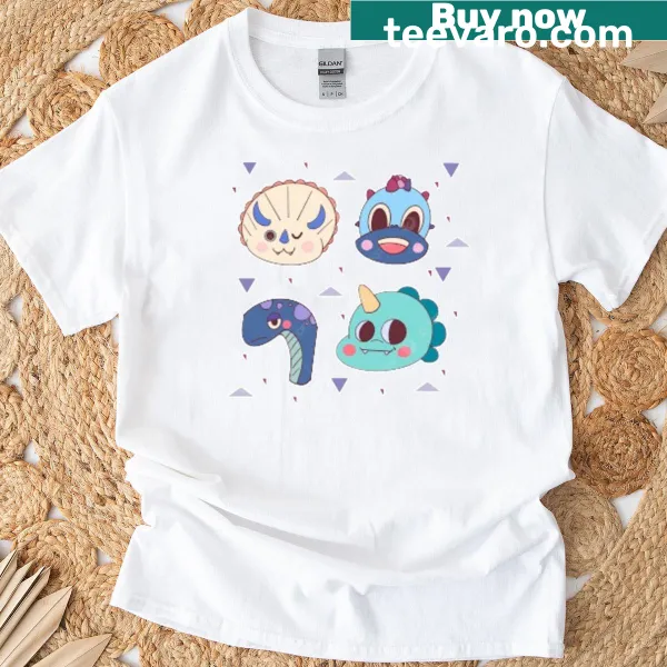 Cartoon style t-shirt featuring whimsical snakes, dinosaurs, and reptiles