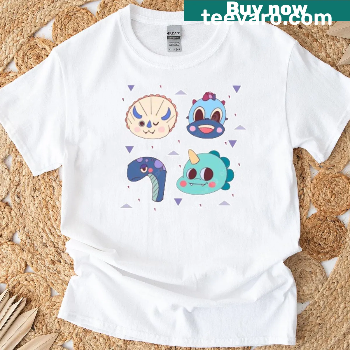 Cartoon style t-shirt featuring whimsical snakes, dinosaurs, and reptiles — on a men's t-shirt