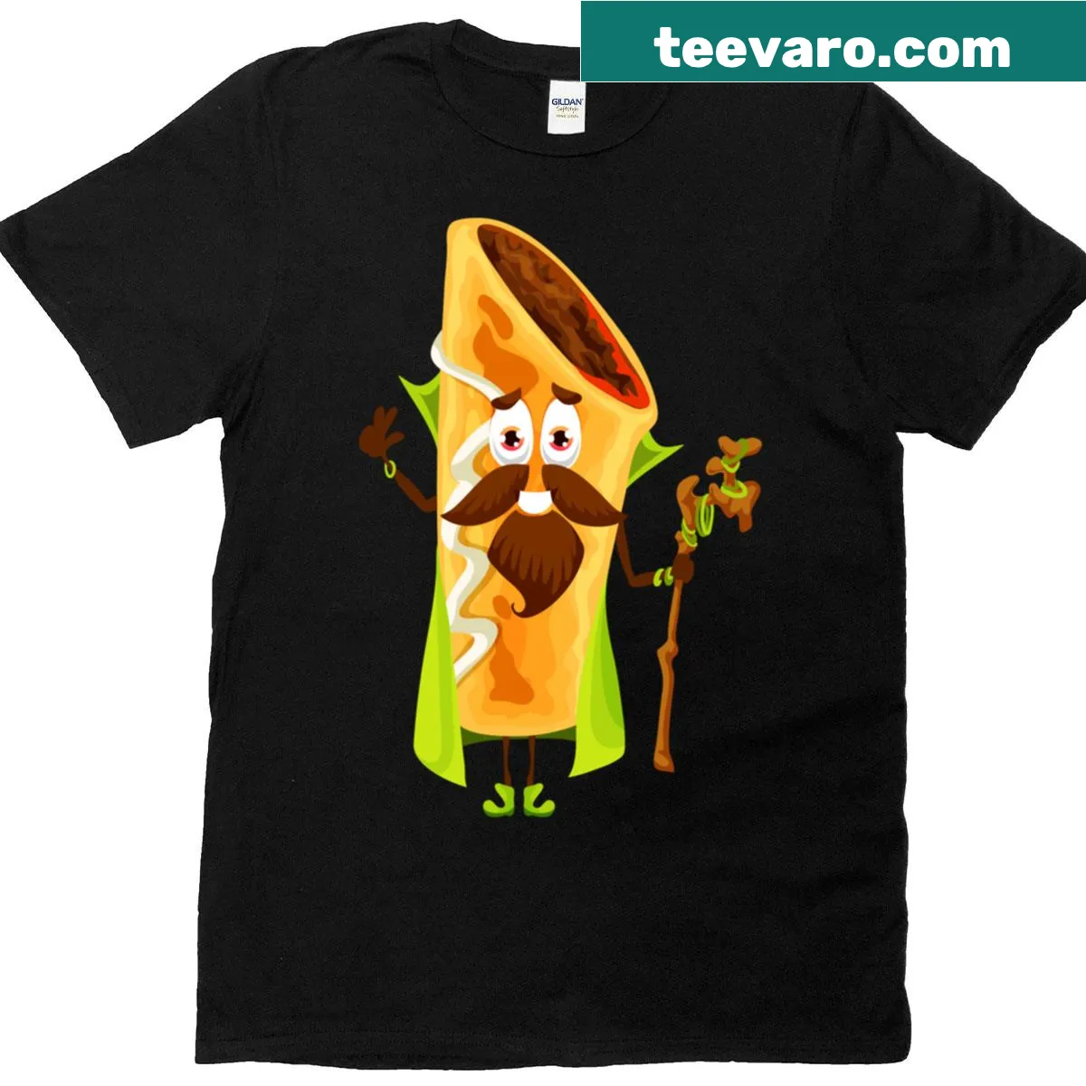 Wizard juggling chimichangas in a fun design T-shirt — on a men's t-shirt