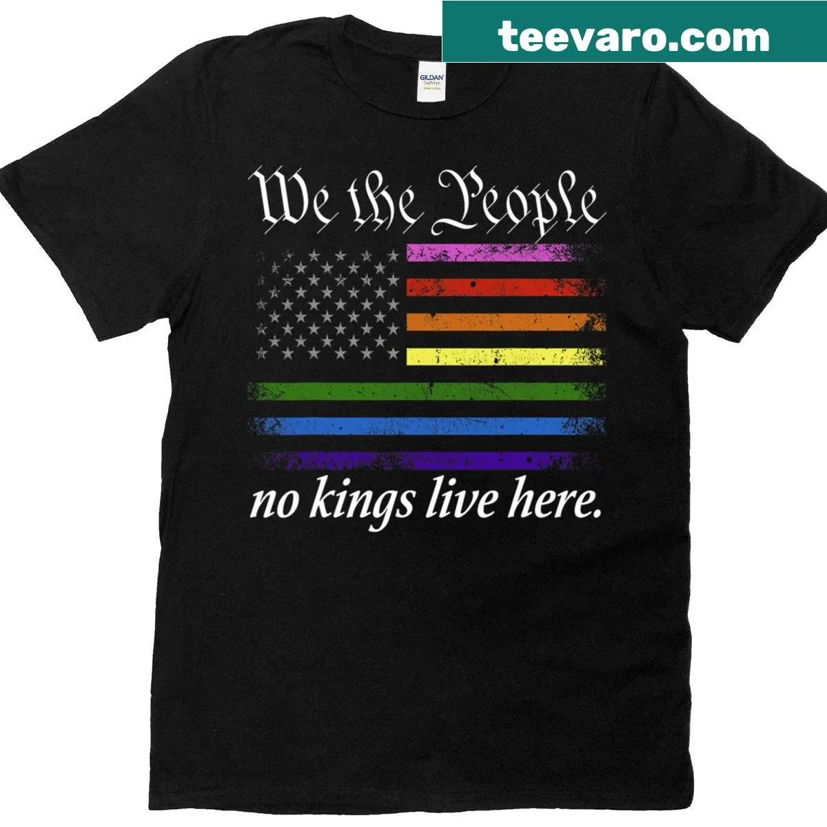 Political T-shirt with 'No Kings Live Here' and 'We The People' text — on a men's t-shirt