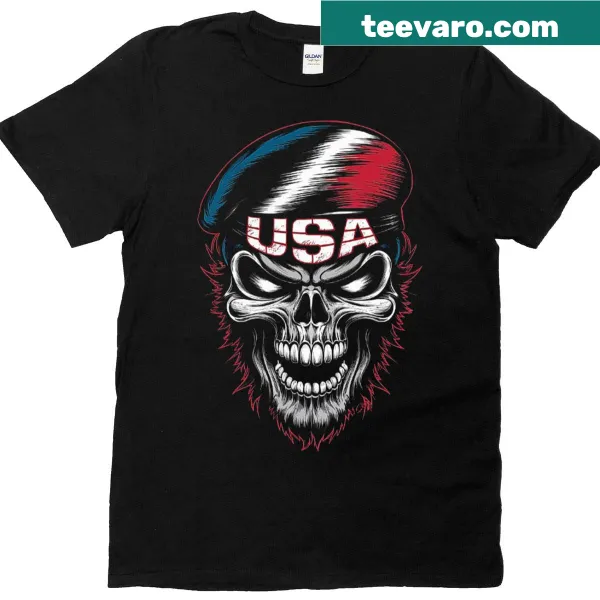 Patriotic T-shirt with grunge-style skull and USA flag design.