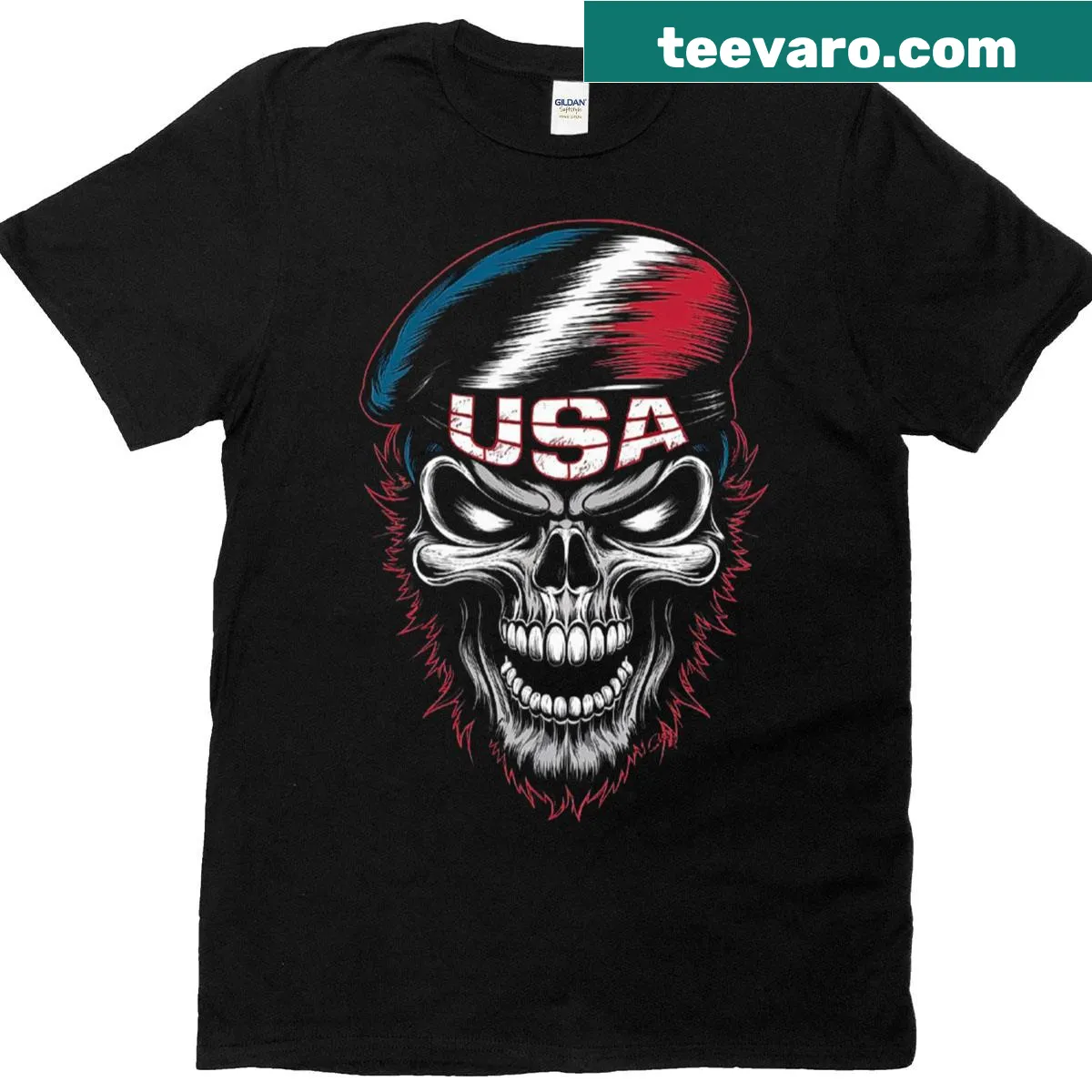 Patriotic T-shirt with grunge-style skull and USA flag design. — on a men's t-shirt