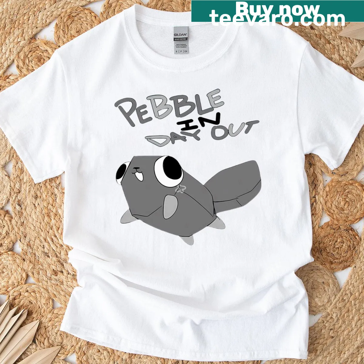 Cute T-shirt with an illustration of a plush pebble character — on a men's t-shirt