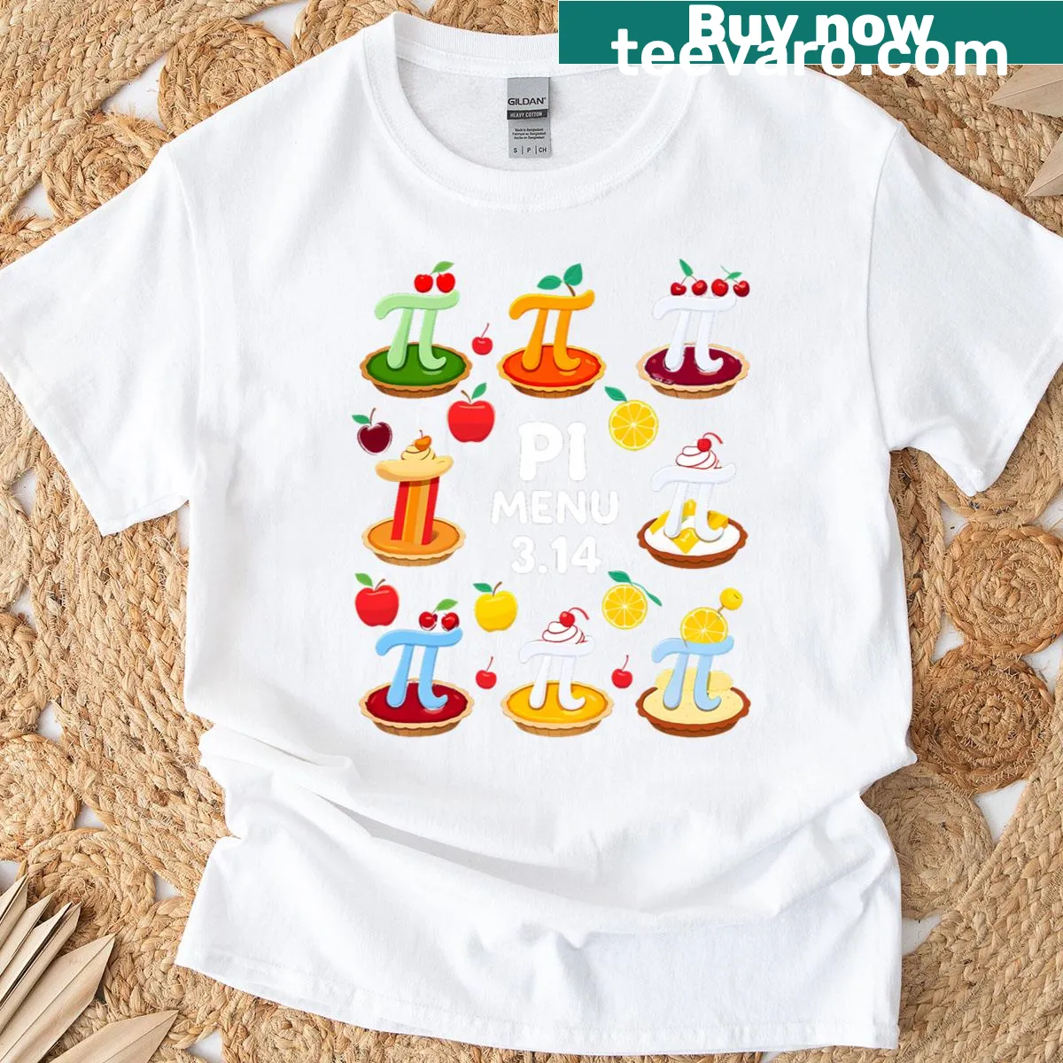 Funny Pi Day t-shirt featuring a fruit pie menu and pi symbol — on a men's t-shirt