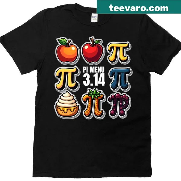 Funny T-shirt featuring a 'Pi Menu' graphic with fruit pies