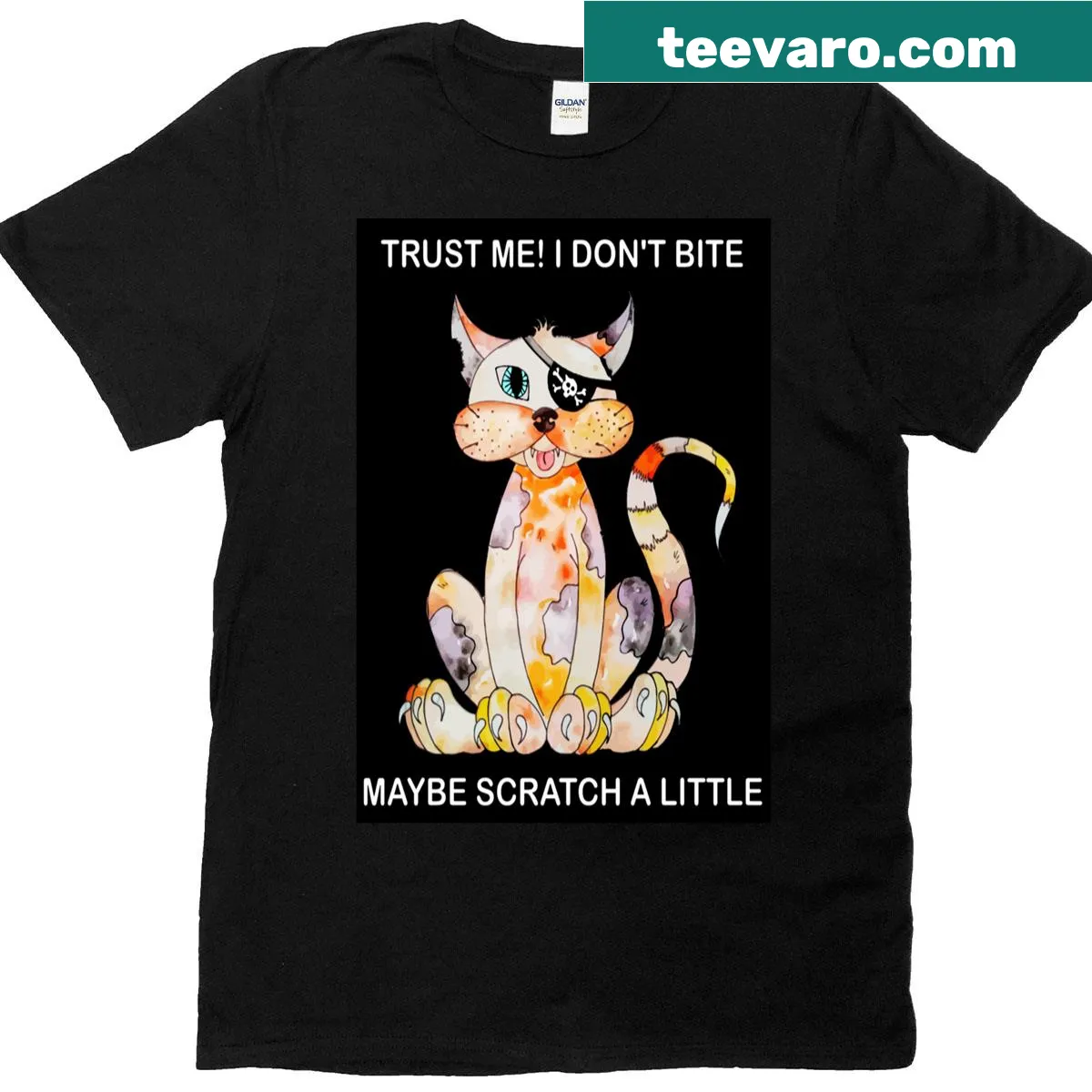 T-shirt featuring a cat dressed as a pirate — on a men's t-shirt