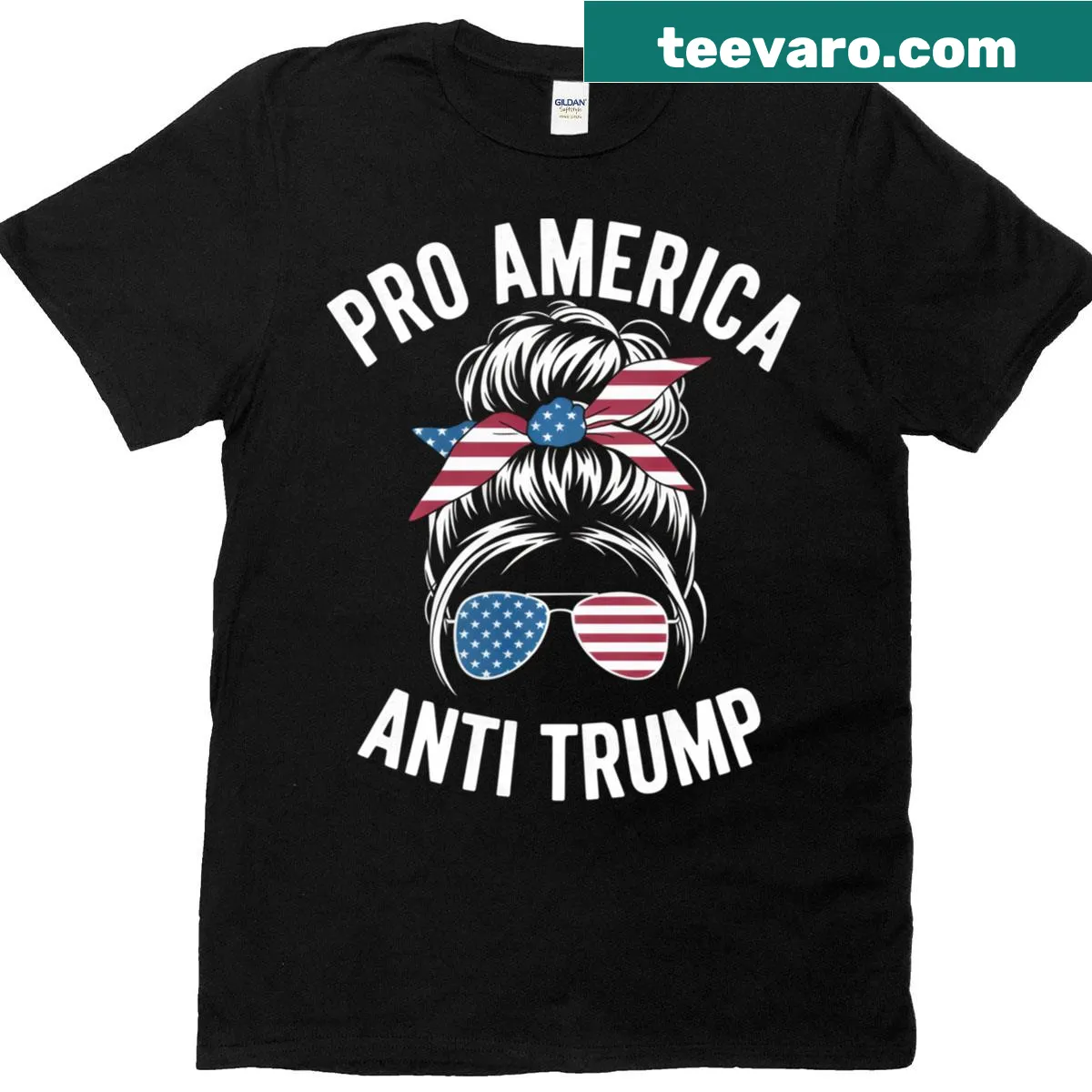 Political T-shirt with messy bun and American flag design — on a men's t-shirt
