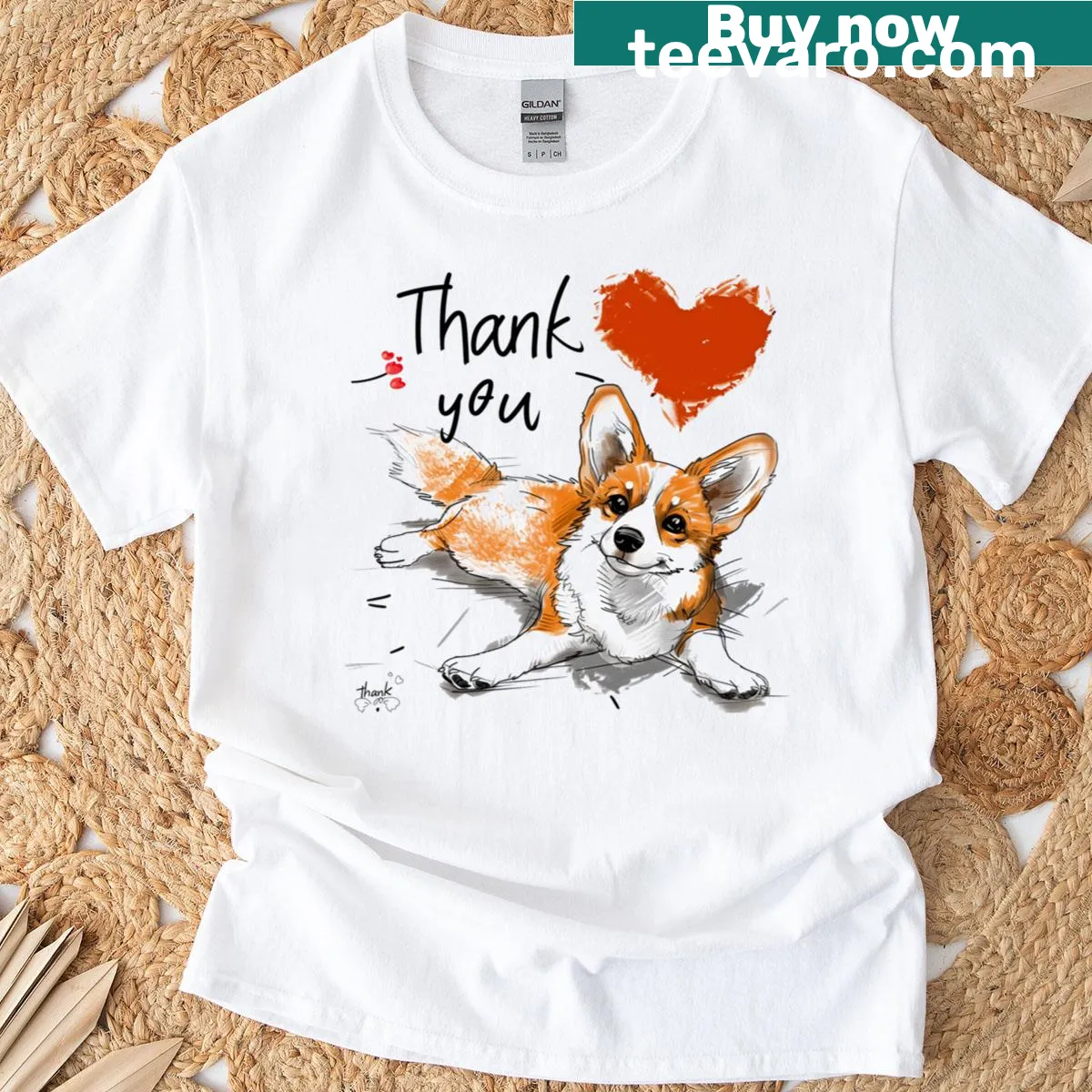 Corgi illustration with 'Thank You' text and heart design — on a men's t-shirt