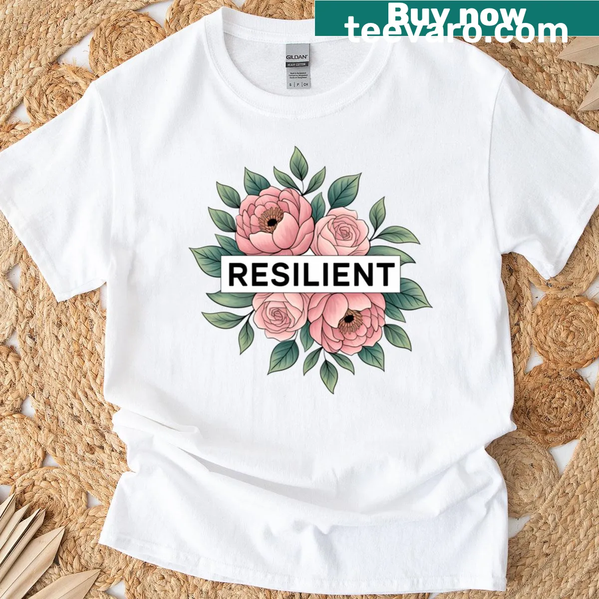 Floral typography T-shirt featuring the word 'Resilient' with peonies — on a men's t-shirt