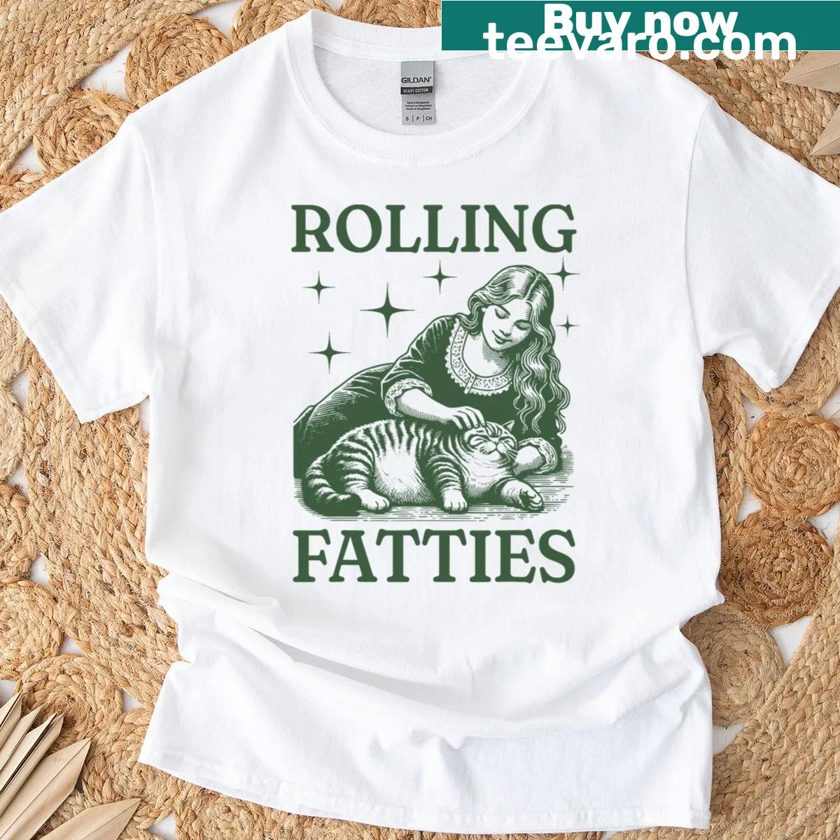 Funny kitten graphic with 'Rolling Fatties' text on T-shirt — on a men's t-shirt