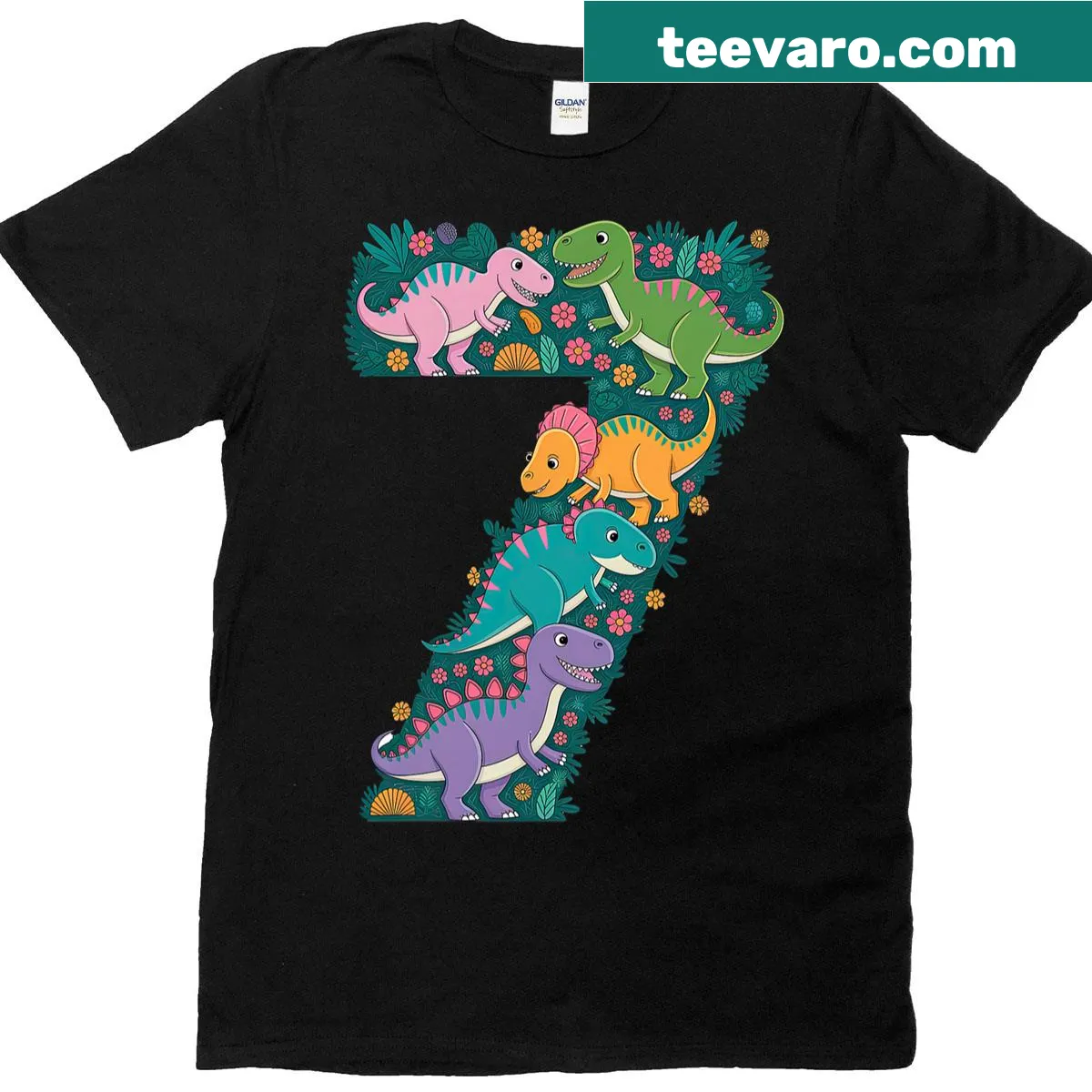 Cartoon dinosaur T-shirt with 'Roaring Into 7' text, ideal for kids' birthday — on a men's t-shirt