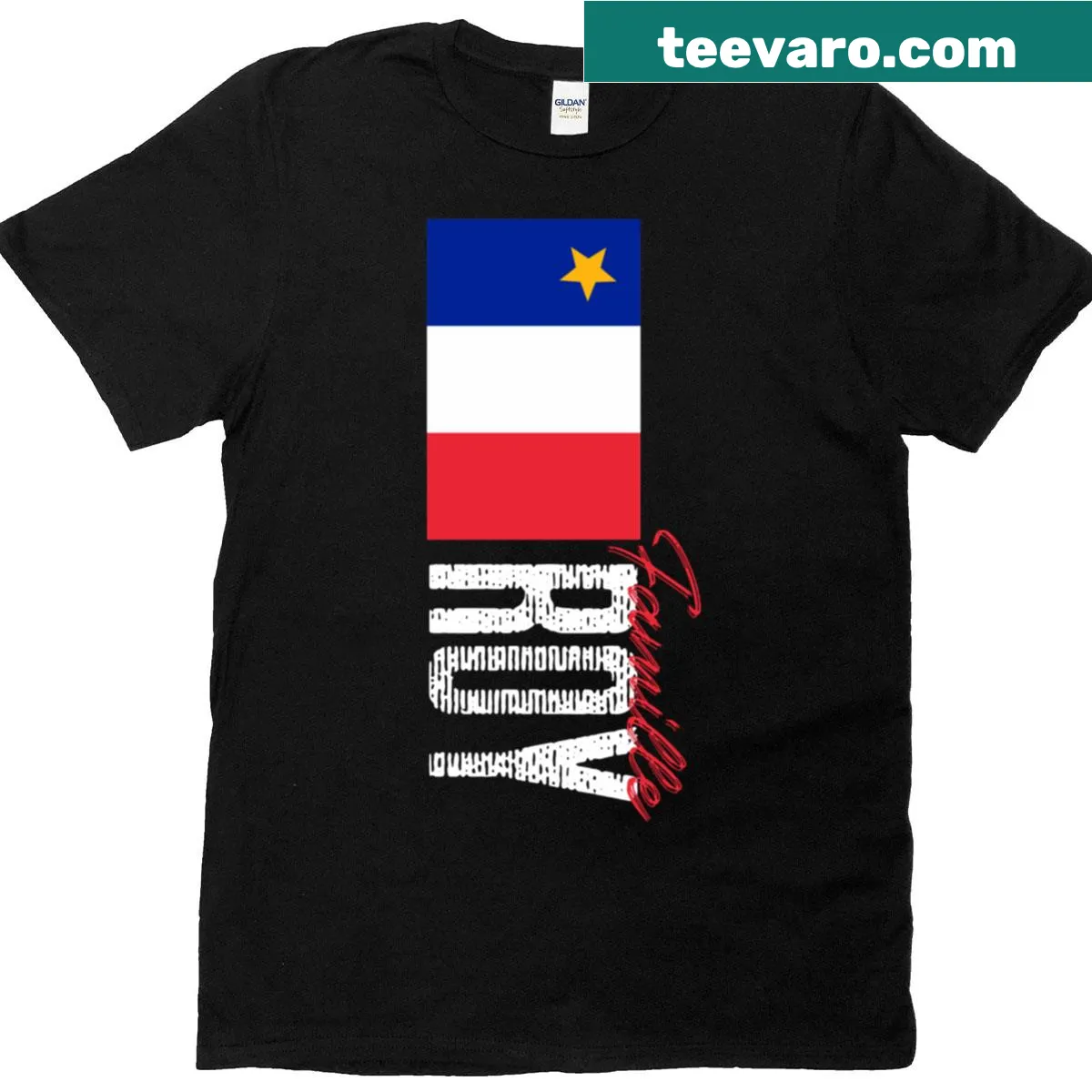 Minimalist typography T-shirt featuring the name 'Roy Acadian' — on a men's t-shirt