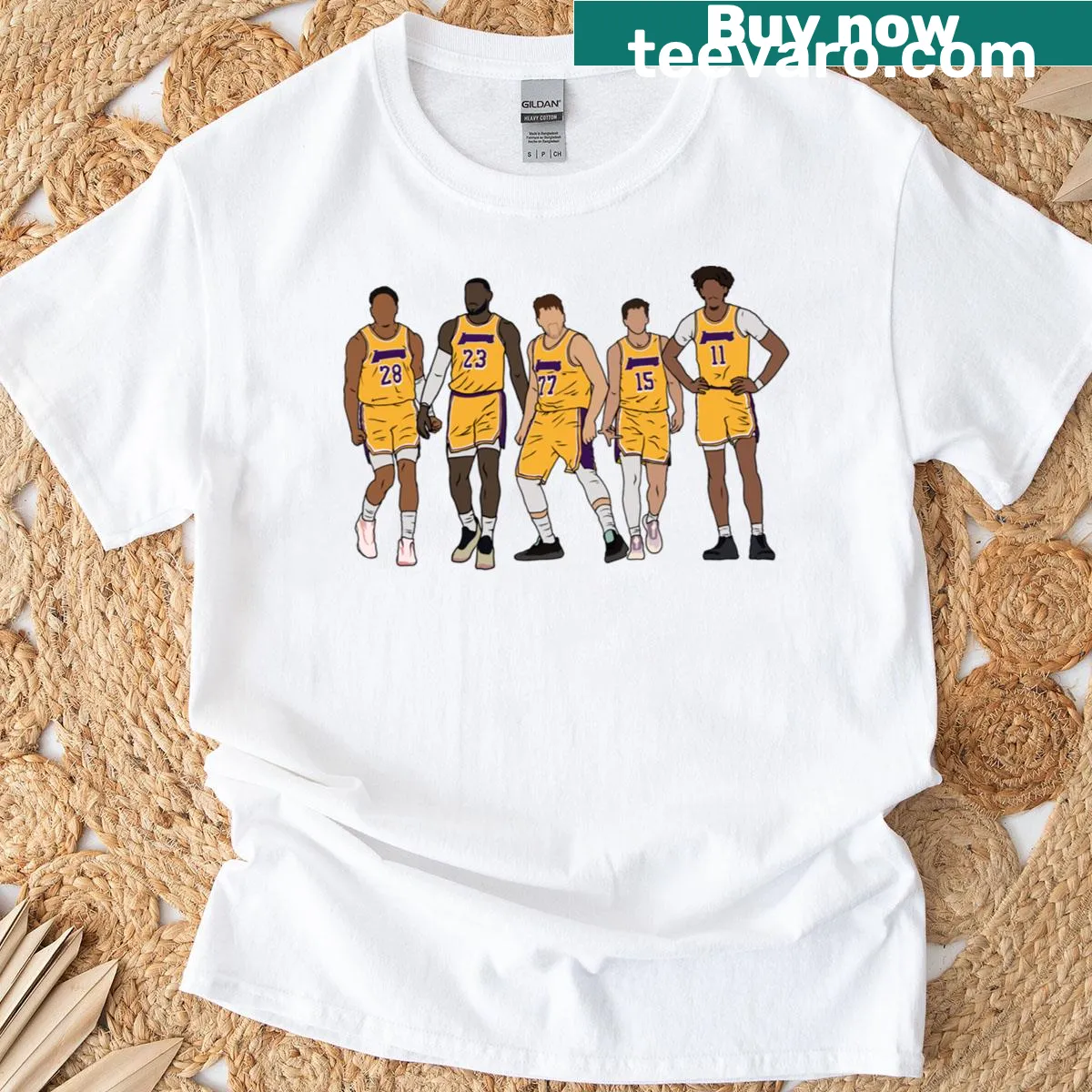 T-shirt featuring player names Rui, Bron, Luka, Reaves, and Jax — on a men's t-shirt