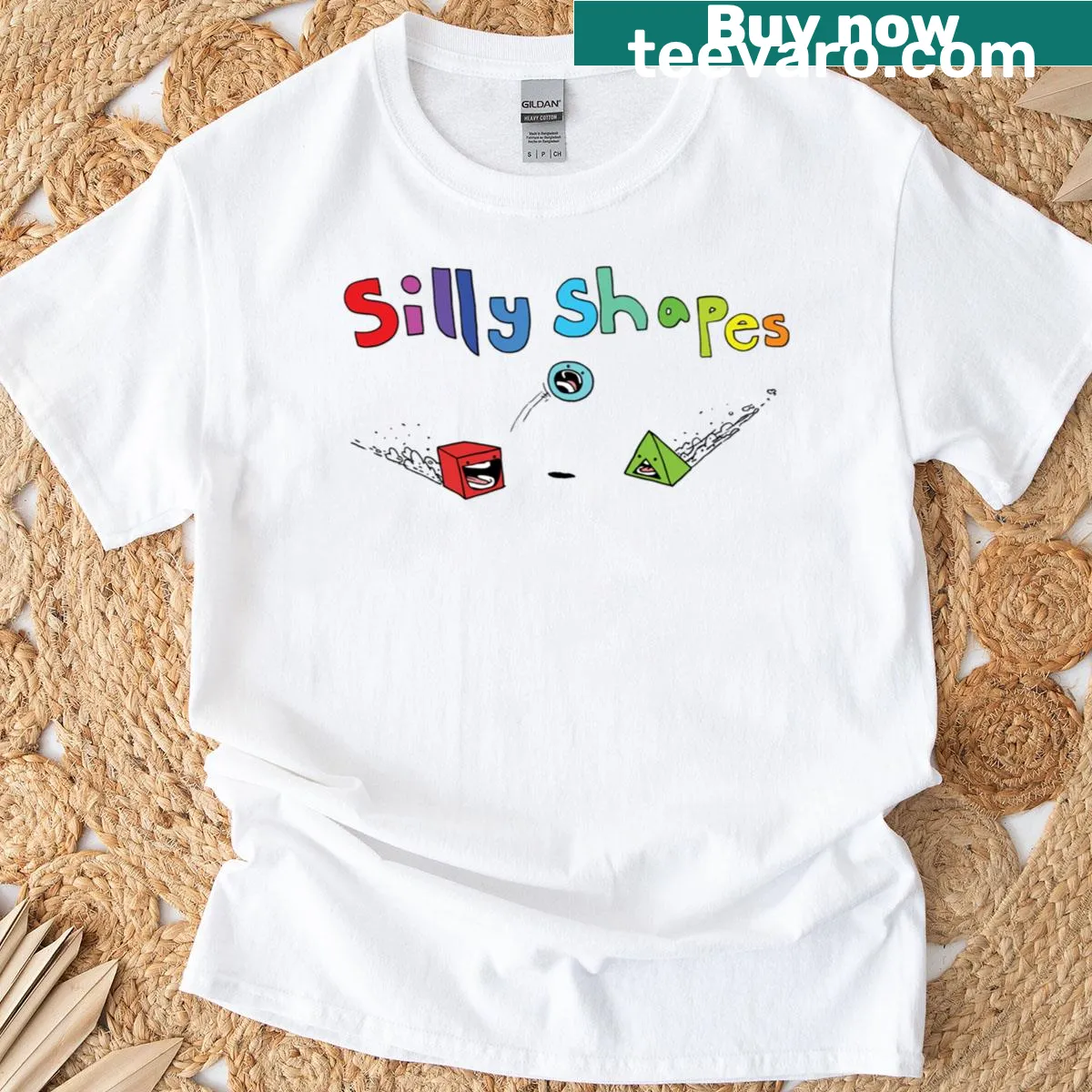 Whimsical T-shirt with playful geometric shapes and funny text — on a men's t-shirt