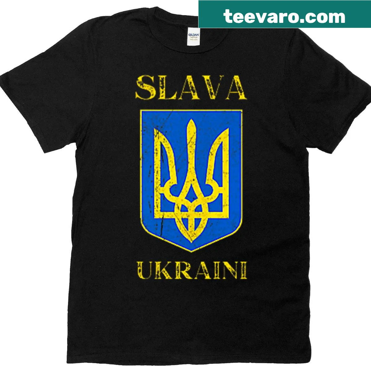 T-shirt with the phrase 'Slava Ukraini' and 'Glory to Ukraine' in bold typography — on a men's t-shirt