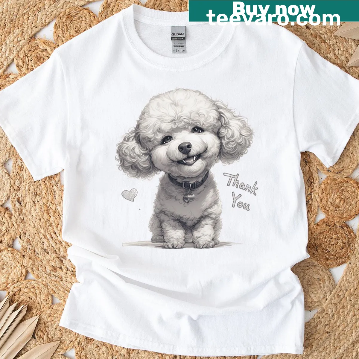 Monochrome illustration of a smiling poodle with thank you text. — on a men's t-shirt