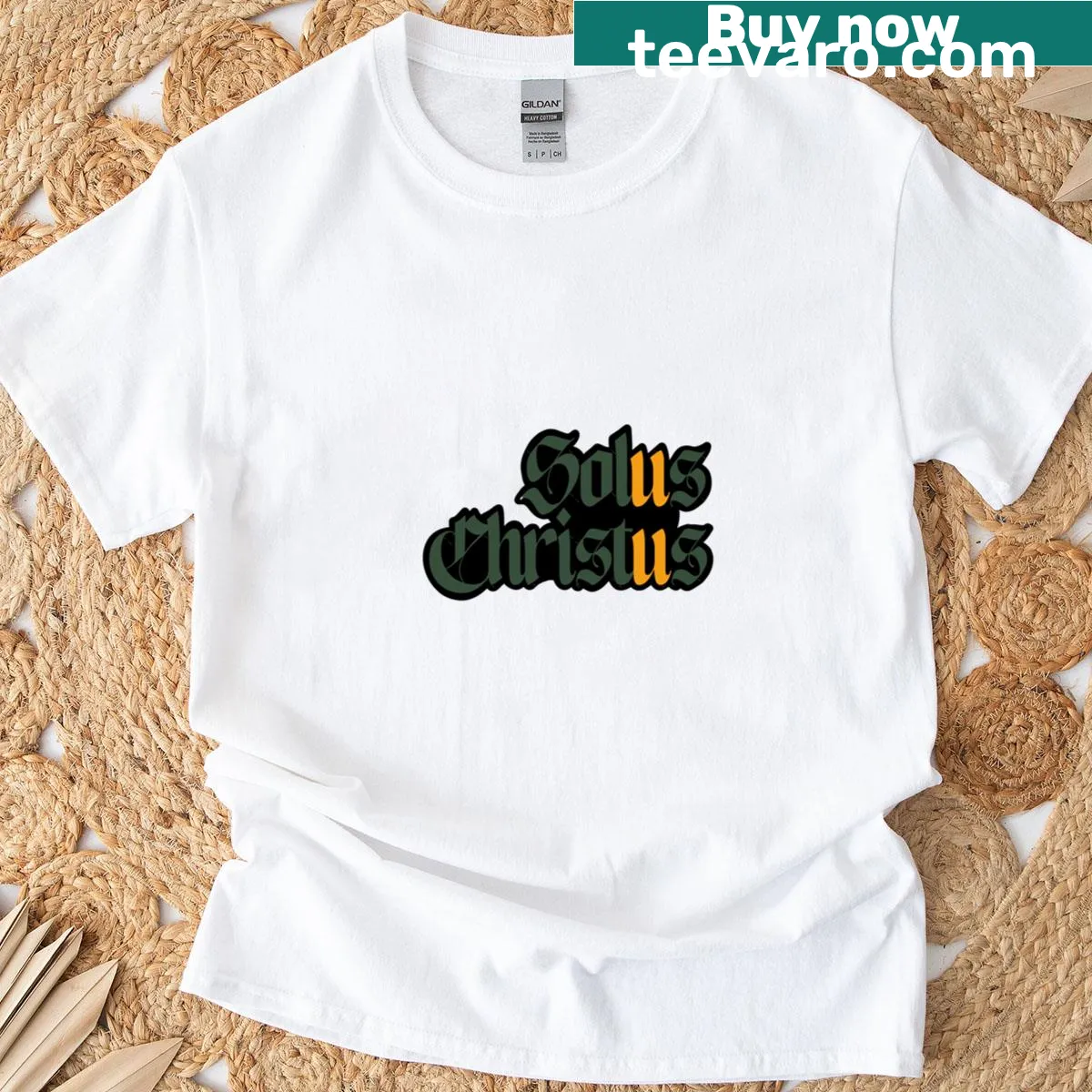 T-shirt featuring the phrase 'Solus Christus' promoting Christian faith. — on a men's t-shirt