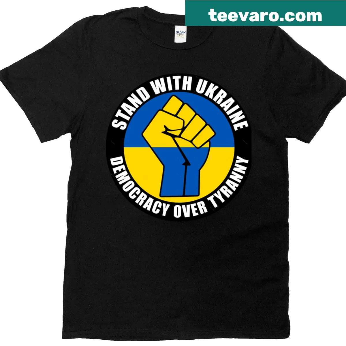 T-shirt with 'Stand With Ukraine Democracy Over Tyranny' text — on a men's t-shirt
