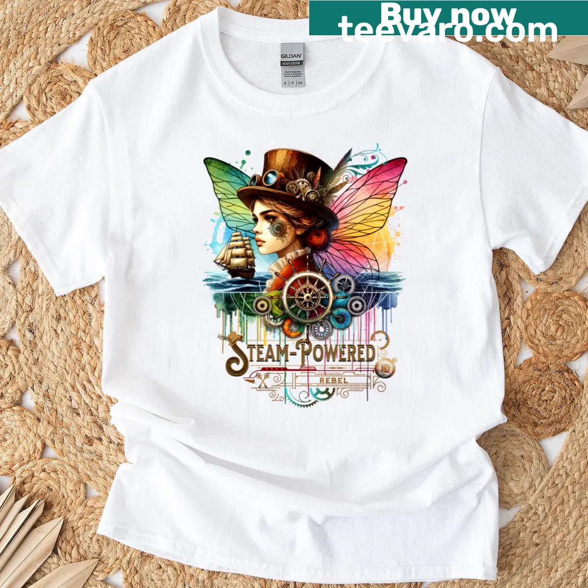 Whimsical illustration of a steam girl on a T-shirt — on a men's t-shirt