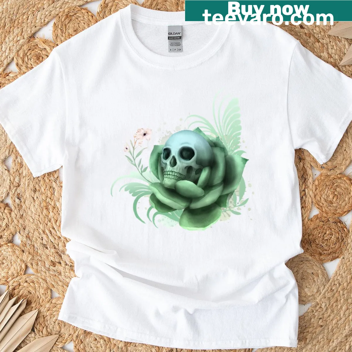 Unique T-shirt featuring an illustration of a skull with succulents — on a men's t-shirt