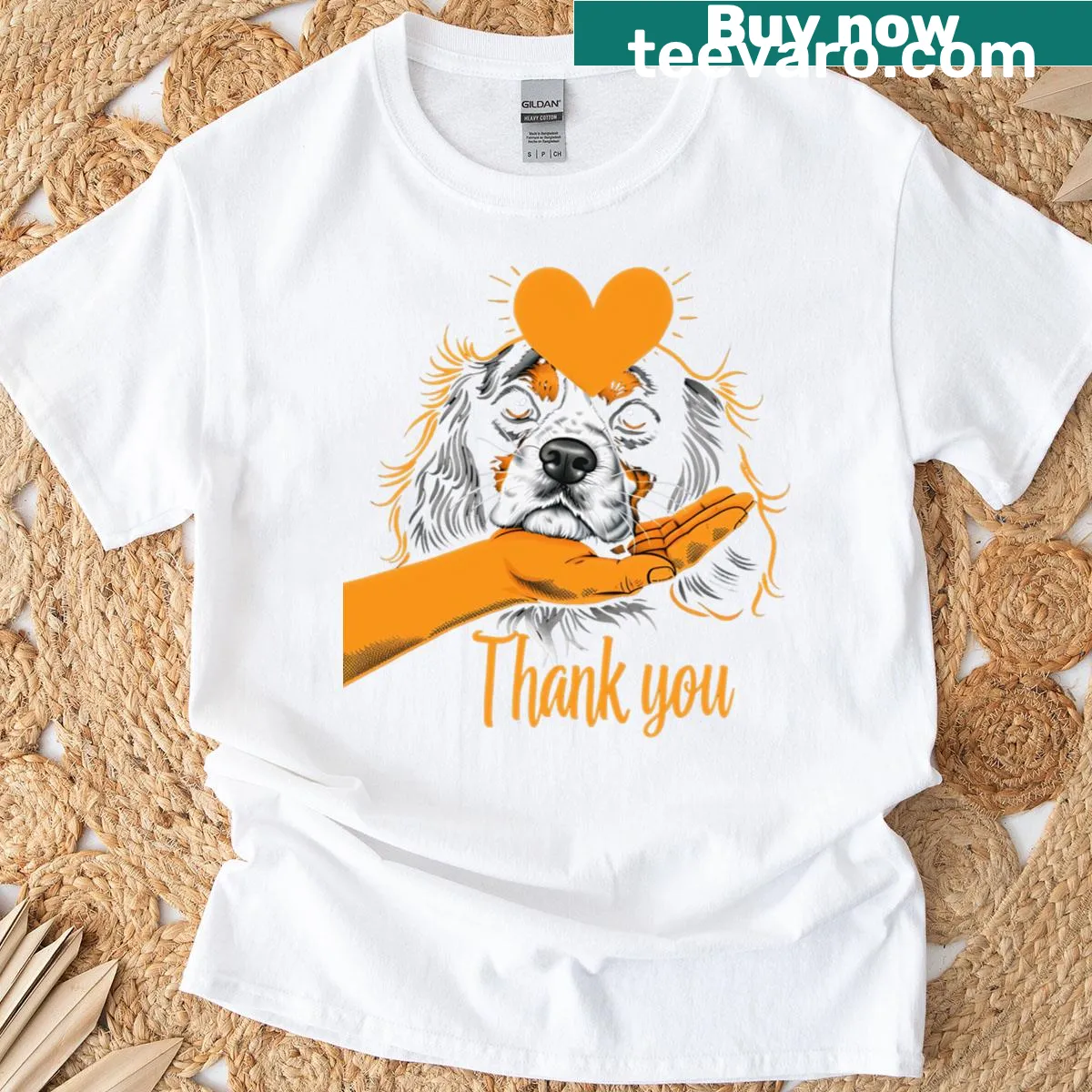 Wholesome T-shirt with a dog illustration, hand, and heart design — on a men's t-shirt
