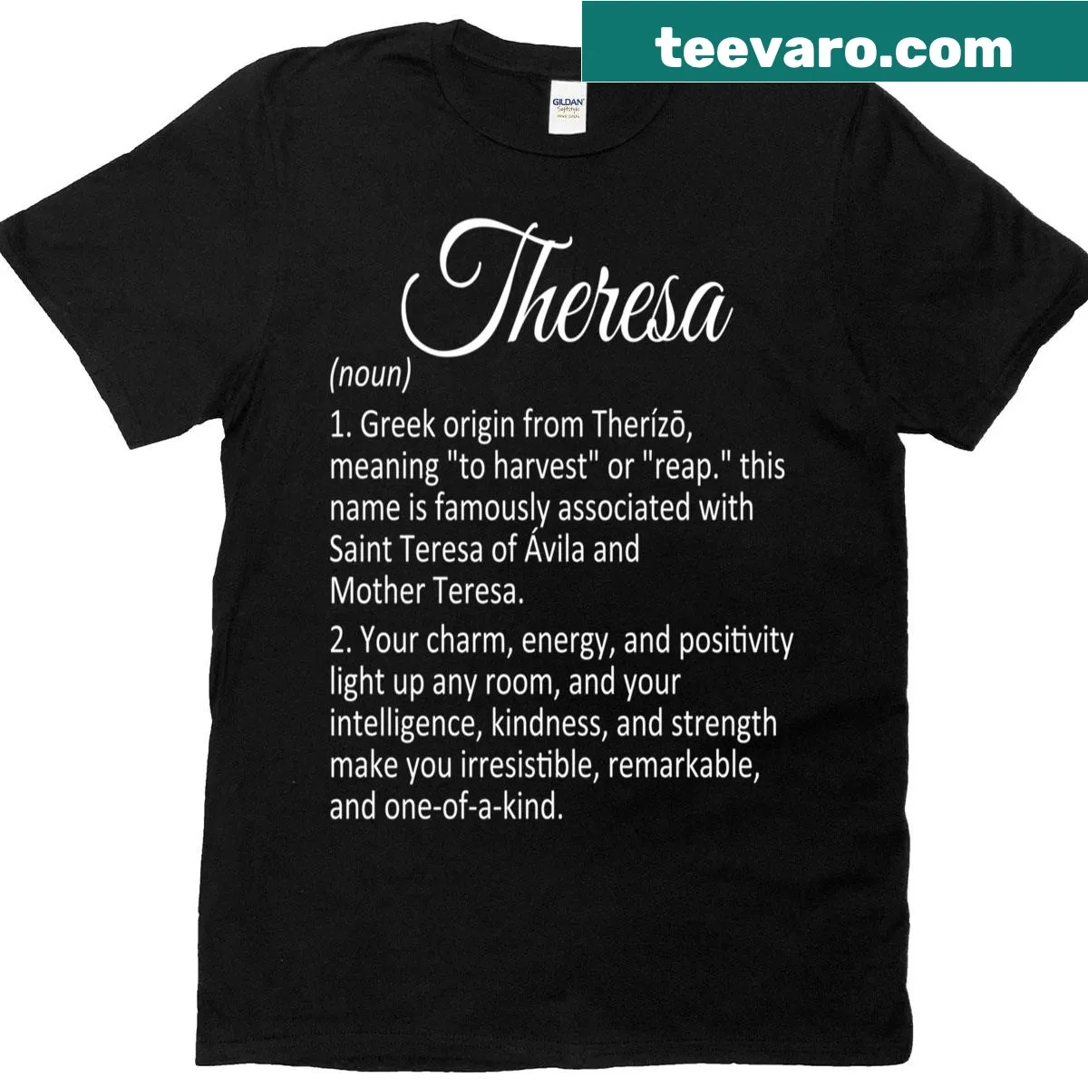 T-shirt displaying the name 'Theresa' with its meaning in elegant typography. — on a men's t-shirt