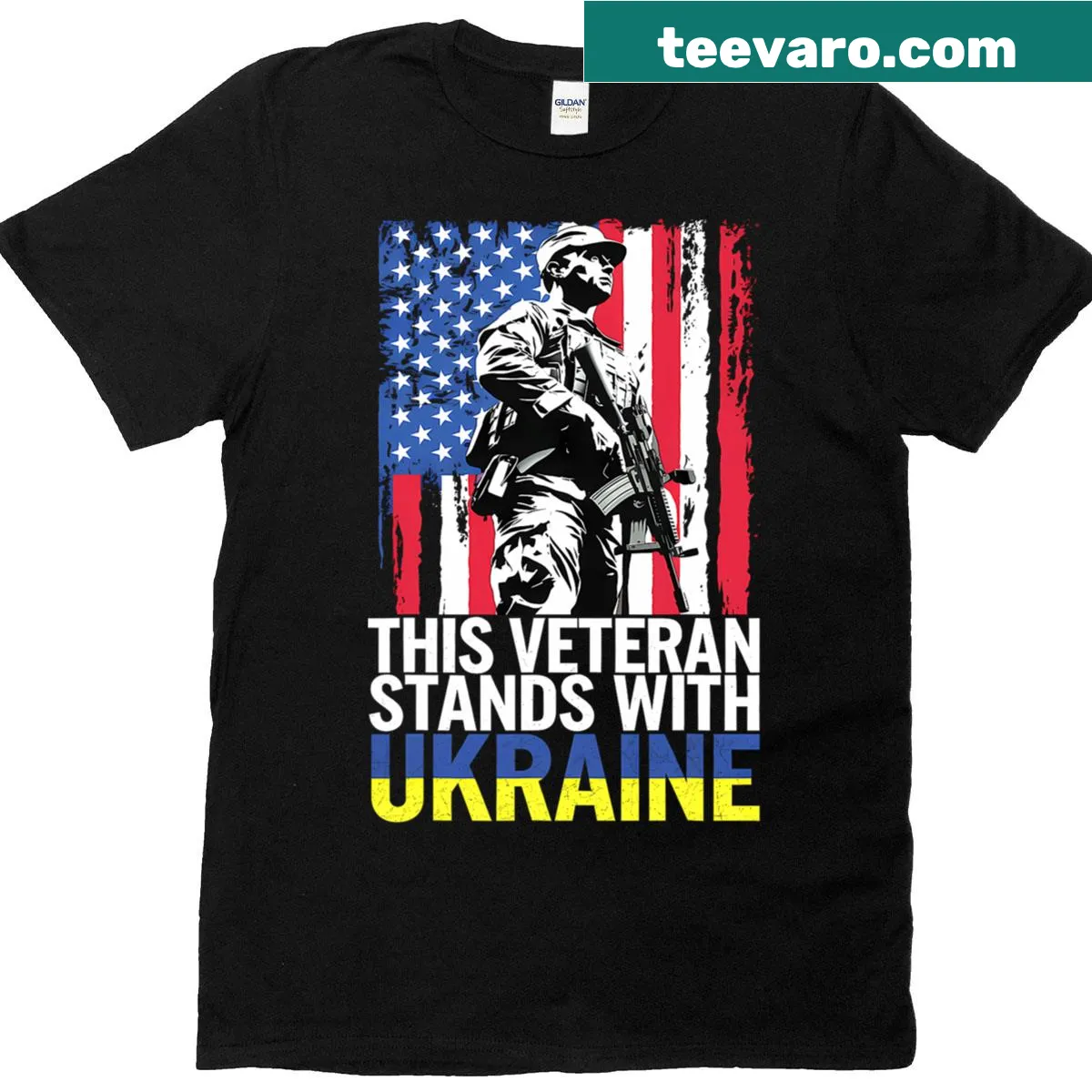 T-shirt with 'This Veteran Stands With Ukraine' for patriotic support — on a men's t-shirt