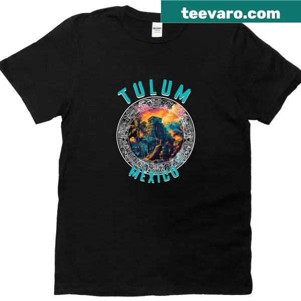 T-shirt with Tulum text in bold blue lettering