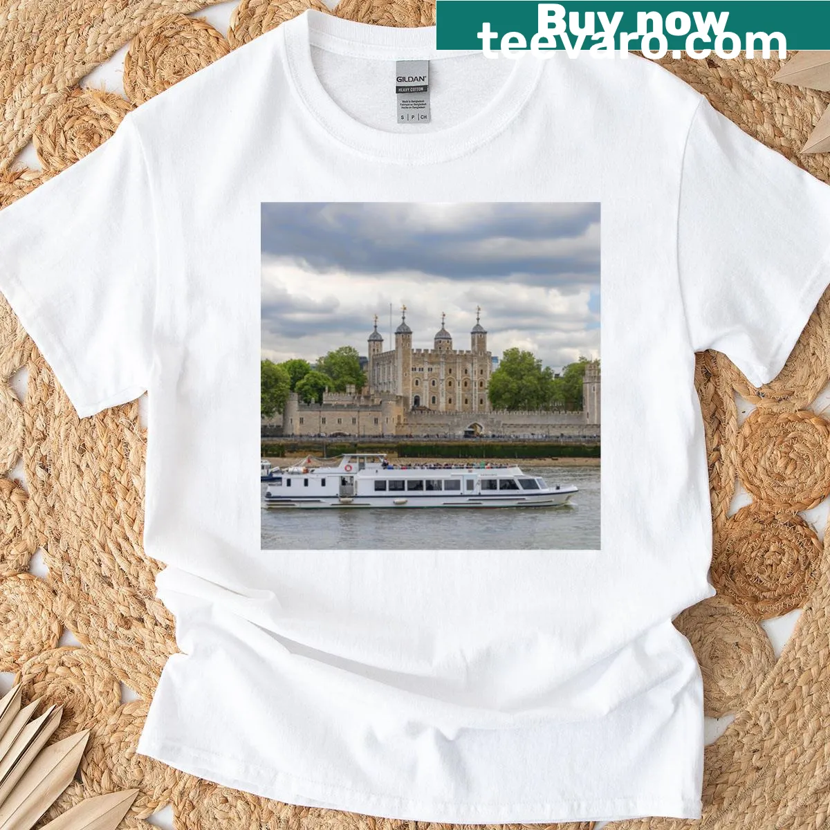 T-shirt featuring the Tower of London illustration — on a men's t-shirt