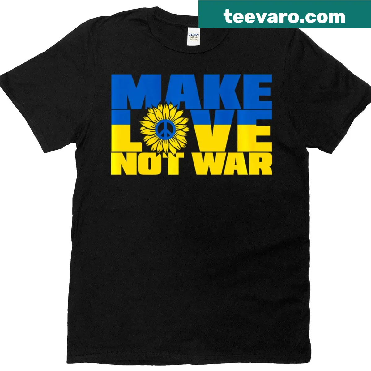 Sunflower graphic with 'Make Love Not War' text design for Ukraine — on a men's t-shirt