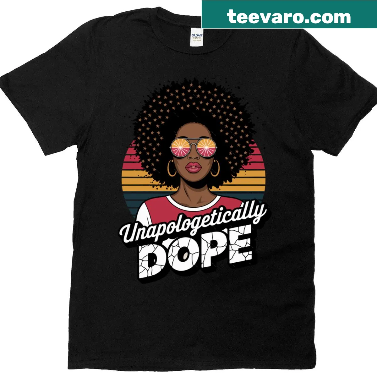 Illustration of Afro woman with text Unapologetically Dope for Juneteenth — on a men's t-shirt