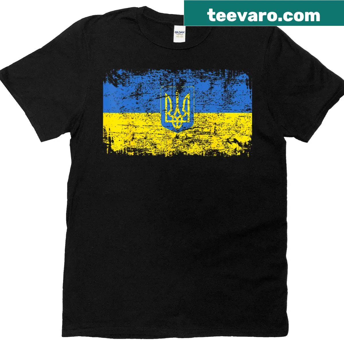 Distressed vintage Ukrainian flag graphic T-shirt for supporters — on a men's t-shirt