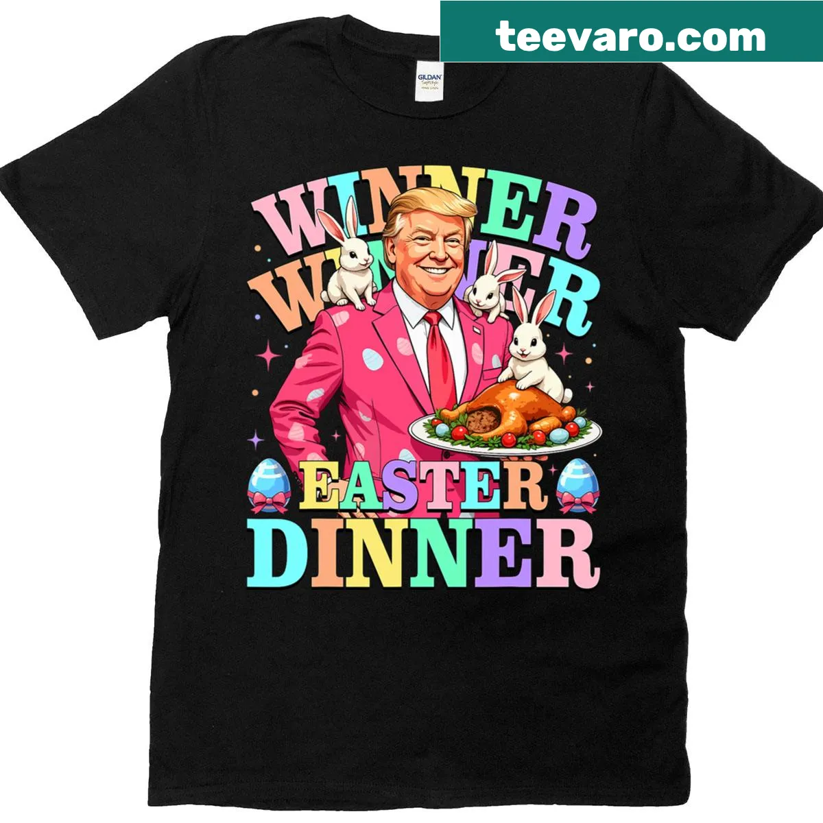 Whimsical Easter-themed shirt with 'Winner Winner Easter Dinner' text — on a men's t-shirt