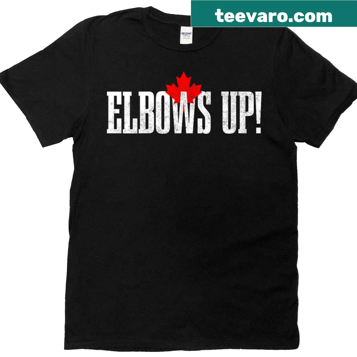 Canadian flag emblem tee with the phrase Elbows Up — on a men's t-shirt