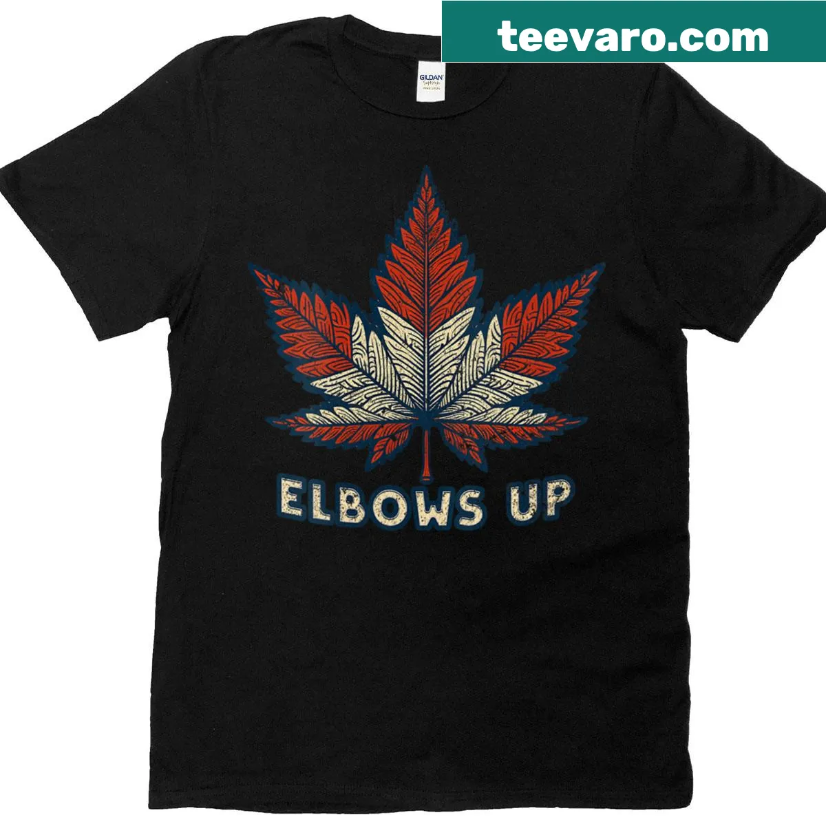 Playful 'Elbows Up' design on a women's V-neck T-shirt celebrating Canada — on a men's t-shirt