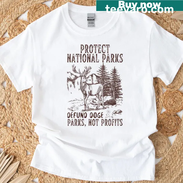 V-neck t-shirt with text promoting national parks and conservation
